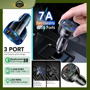 [Meta] Charger Mobil / 3 Port USB QC 3.0 Type C Car Charger Fast Charging 30W Daya Tinggi Blue Led Hitam Kabel