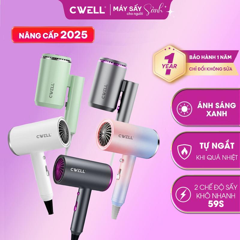 Máy sấy tóc mini CWell 4 mùa nâng cấp 1200W, 3 chế độ sấy ấm - nóng - mát kèm ánh sáng xanh, nút ngắt nhiệt nhanh, giảm khô tóc khi sấy cho nam & nữ - TẶNG ĐẦU SẤY C02HD - BH 12 THÁNG