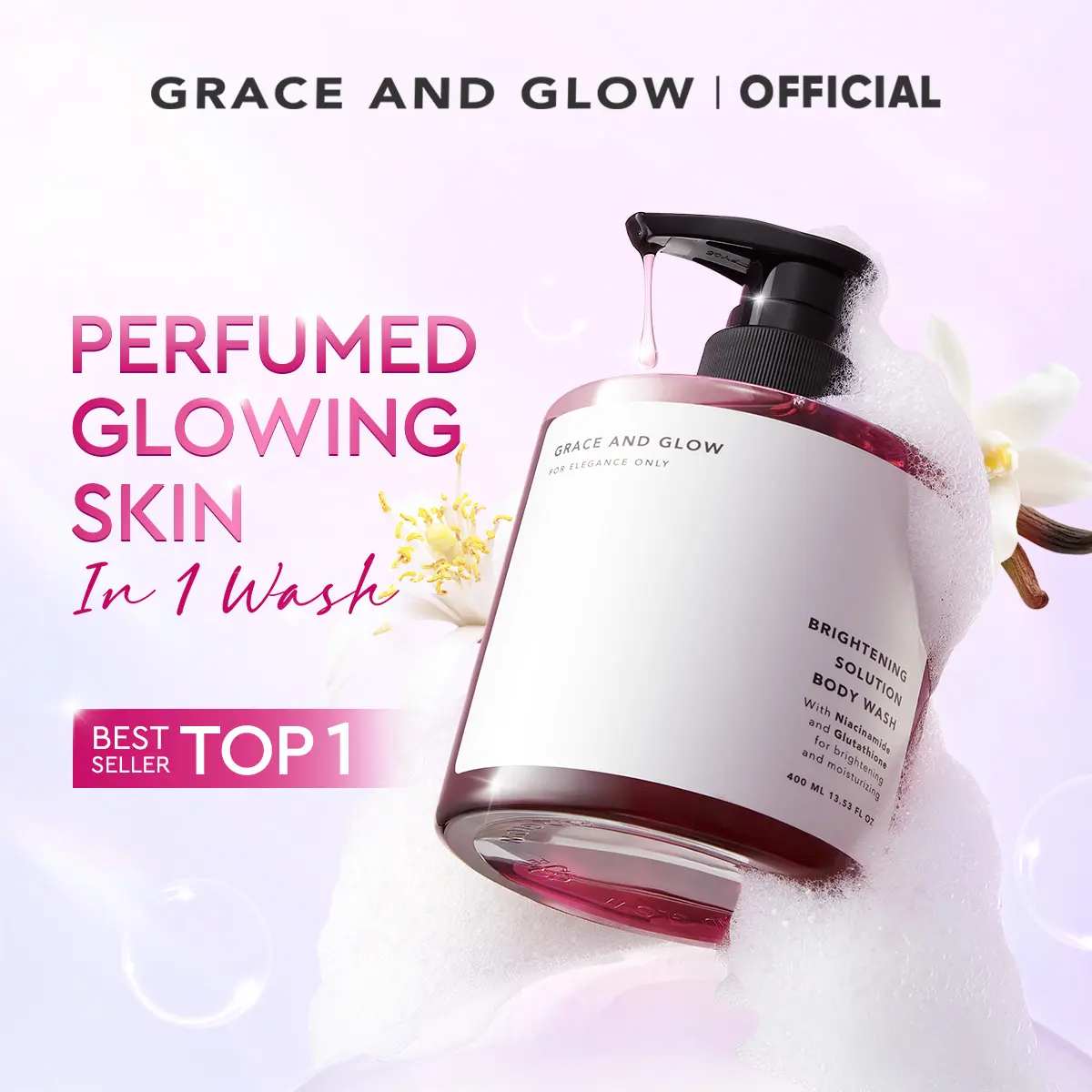 Grace and Glow Brightening Body Wash 400ml | Shower Gel Grace and Glow | English Pear, Rouge540 | Sabun Mandi Cair Wangi Parfum yang Mencerahkan, Membersihkan, Melembutkan Tubuh, Kulit Lebih Segar & Tangan Terawat