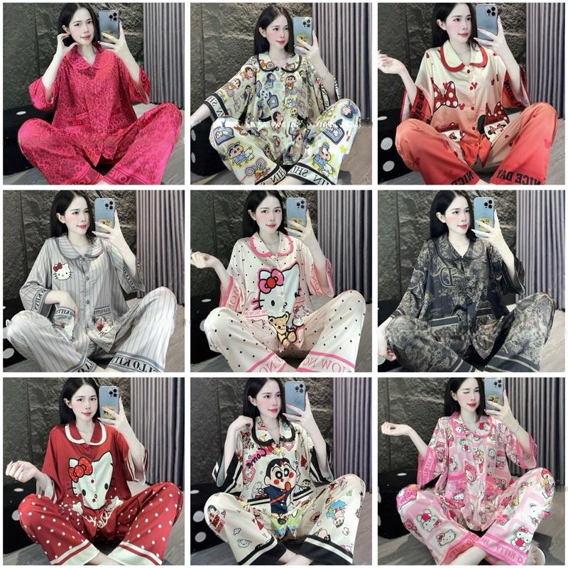  Nút Bọc  55-80kg  Set bộ pijama Cánh Dơi Quần Dài new hình in 3D dễ thương cổ sen chất Lụa Latin cao cấp Bigsize Nữ 
