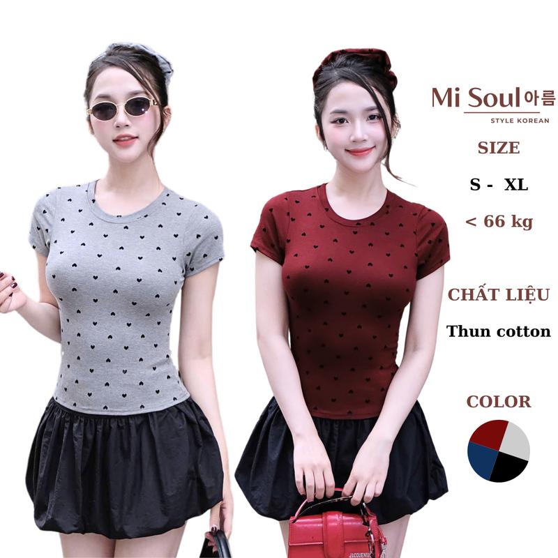 Áo Thun Cotton Nữ Mịn Mát Cộc Tay MiSoul Hoạ Tiết Trái Tim, Áo Cổ Tròn BigSize 421