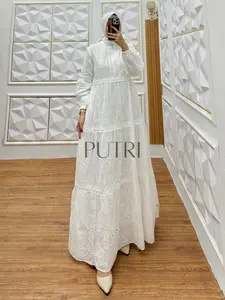 Putri.Atelier - Azalea Dress Gamis Katun Bordir Bolong Katbol Umroh Hitam Putih Cantik Kekinian Lebaran Kondangan