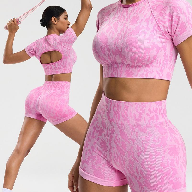 Bộ Đồ Ngắn Tập Yoga, Rằn Ri, Độ Đàn Hồi Cao, ngắn Tay, Không Có Đệm Ngực, Thích Hợp Chạy Bộ, Thể Thao Và Thể Dục, Bộ 2 Mảnh, Áo Crop Top khoét Bộ Ngắn Cạp Cao