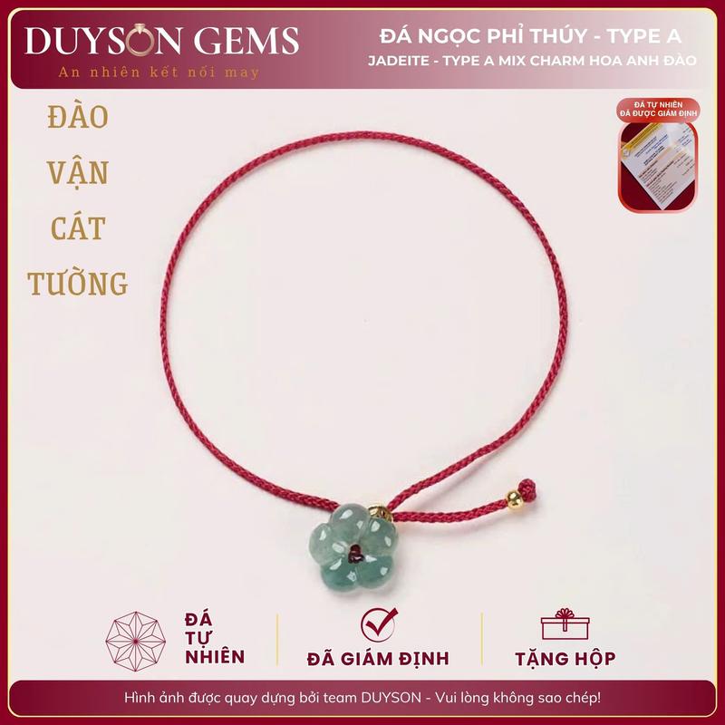 Vòng tay chỉ đỏ gắn Ngọc-Phỉ-Thúy Type A hoa mai mix charm kim tiền bạc 925 mạ vàng Duyson Gems