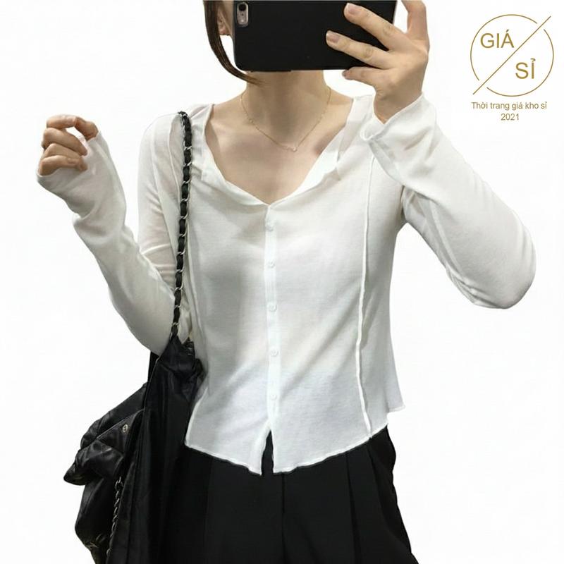 Áo thun nữ tay dài dáng lửng vải xược thiết kế dãy nút ráp sườn basic trơn siêu xinh mẫu mới có nút cài màu trắng đen xám đỏ bán chạy giá rẻ