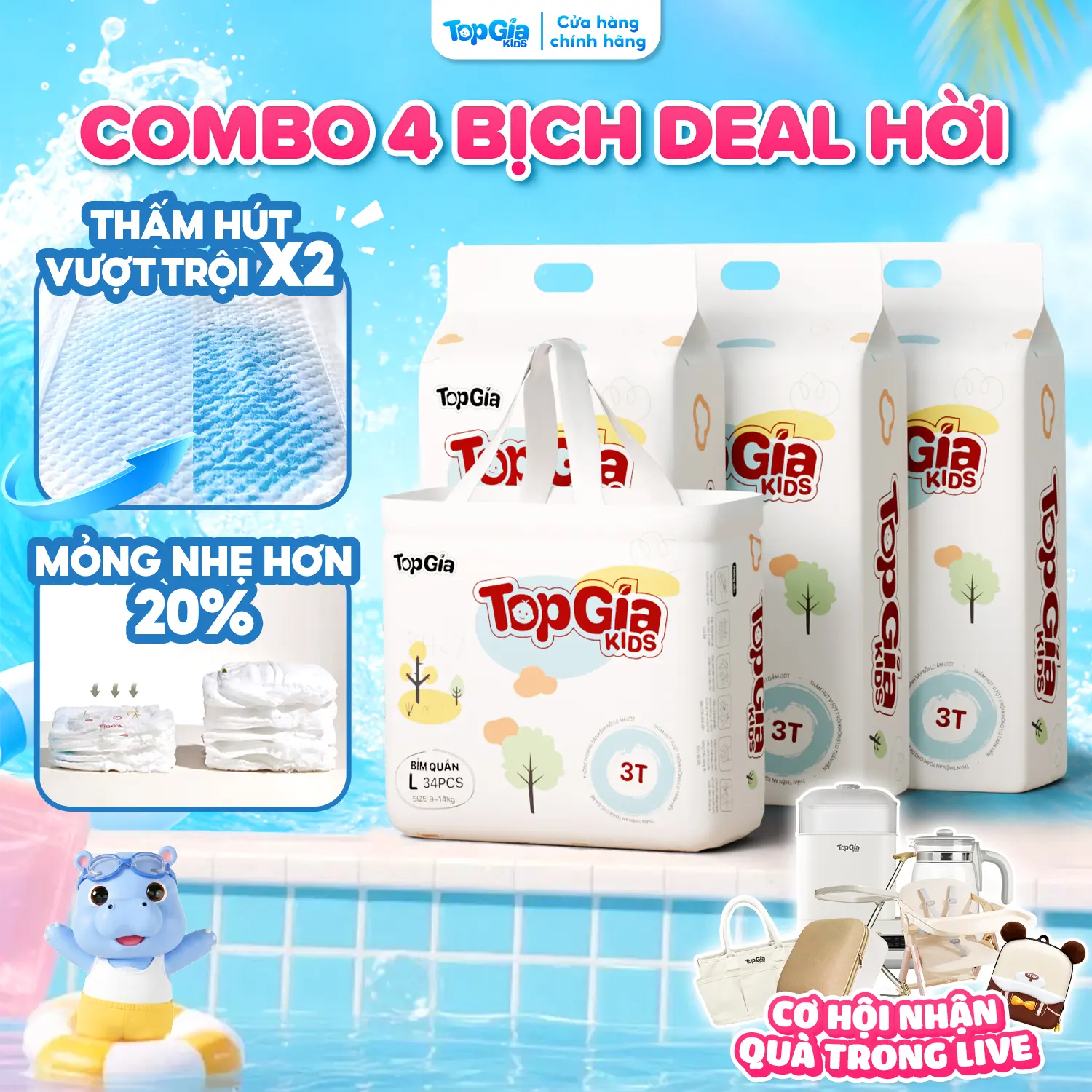 (TẶNG GHẾ ĂN DẶM) 4 bịch Tã Bỉm cao cấp TopGia VE ESSENCE công nghệ mới chứa VITAMIN E giúp bảo vệ làn da bé, mềm mại, êm dịu HN