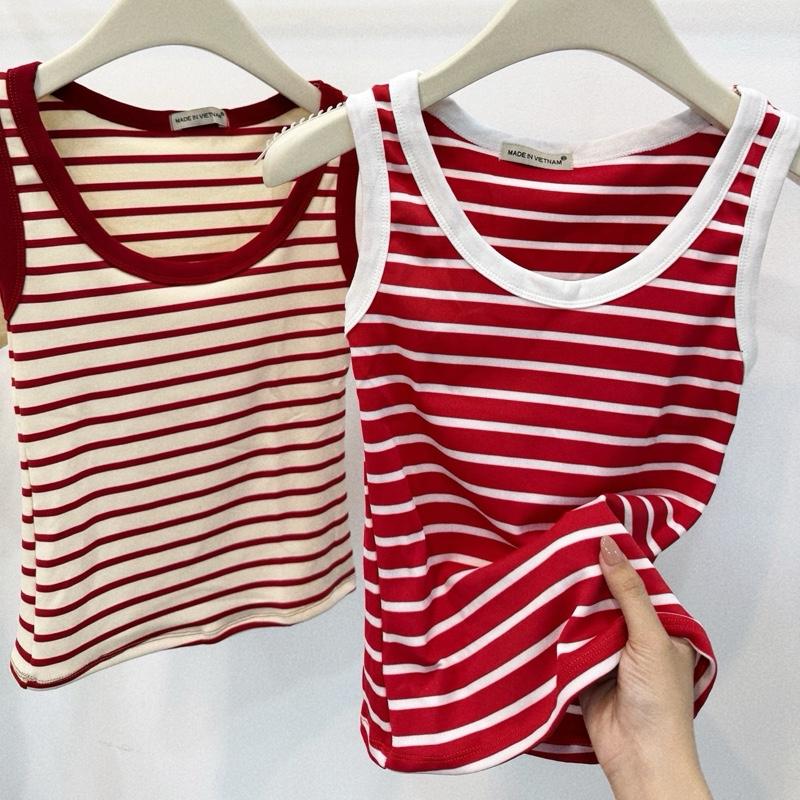 Áo thun ba lỗ nữ dáng ôm phối sọc viền cổ Lin Boutique