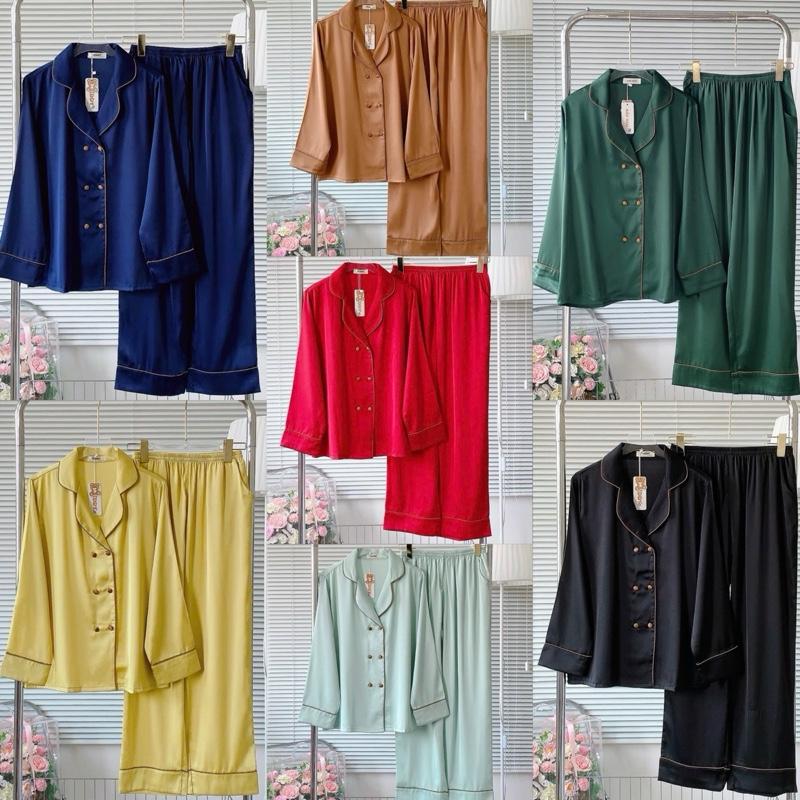 VEST TAY DÀI . Size M XL 40-70kg . Quần M93cm XL96cm . Đồ Bộ Nữ Pijama Lụa Latin Mềm Mát . Quần Có Túi