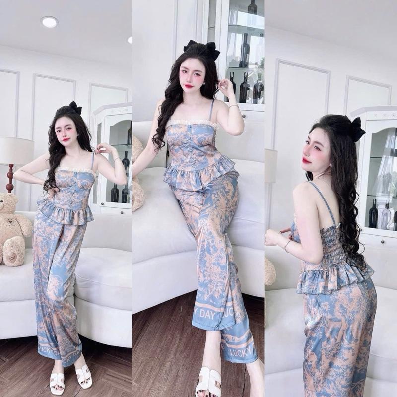 45_60 kg, Sét bộ mặc nhà áo hai dây có mút, quần dài có túi,  chất liệu lụa latin hình in