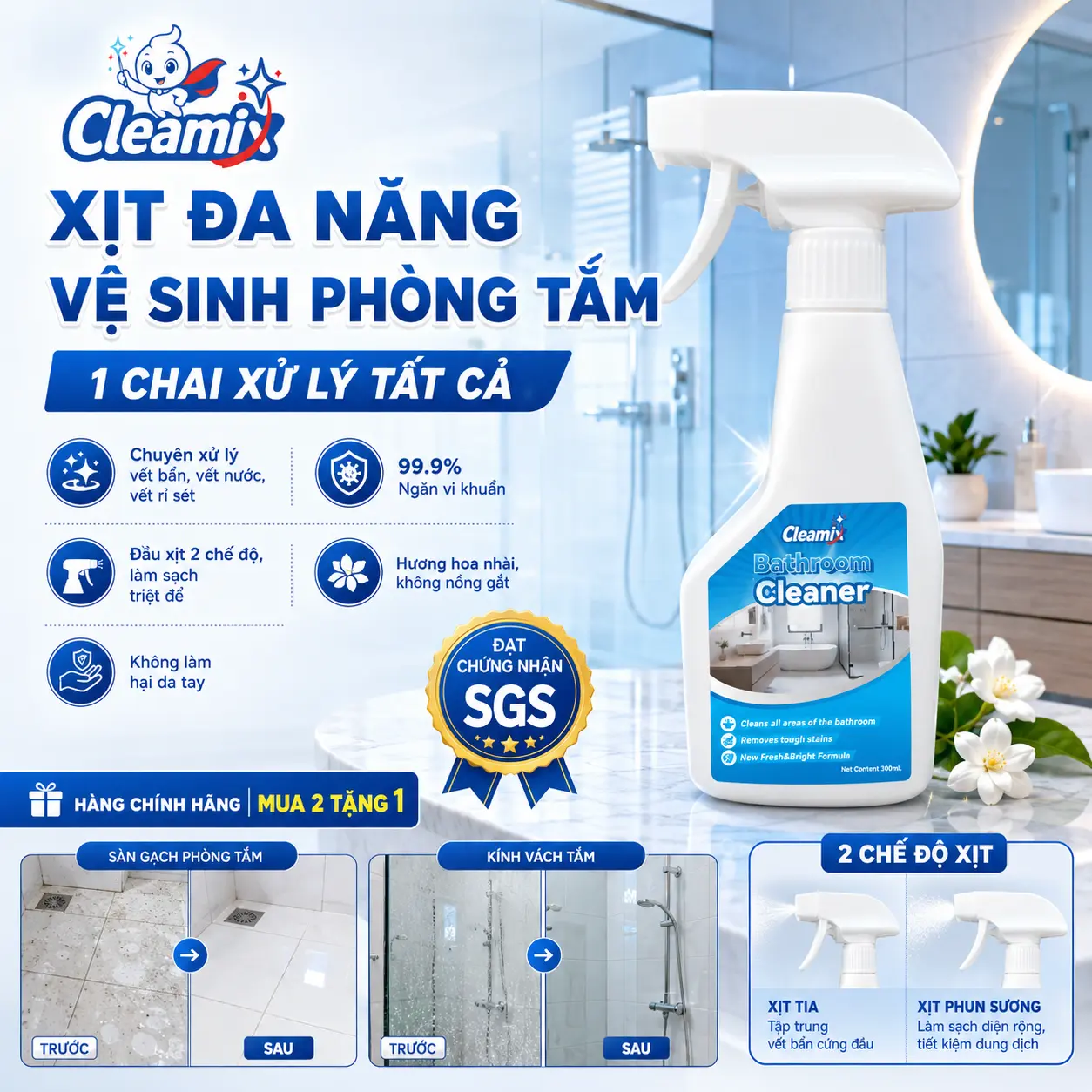 Cleamix Nước Tẩy Rửa Nhà Vệ Sinh Loại Bỏ Vết Bẩn Cứng Đầu Ngăn Vi Khuẩn 99% Dung Tích 300ml