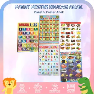 Paket 5 Poster Dinding Edukasi Anak Belajar Abjad, Hewan, Hijaiyah, Buah, dan Angka Karton Sekolah