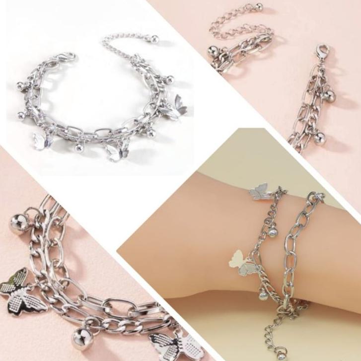 [❤️COD]Fashion Manis Gelang Bola Kupu-kupu Temperamen Sederhana Gelang Lapisan Ganda Rumbai—Yy 1
