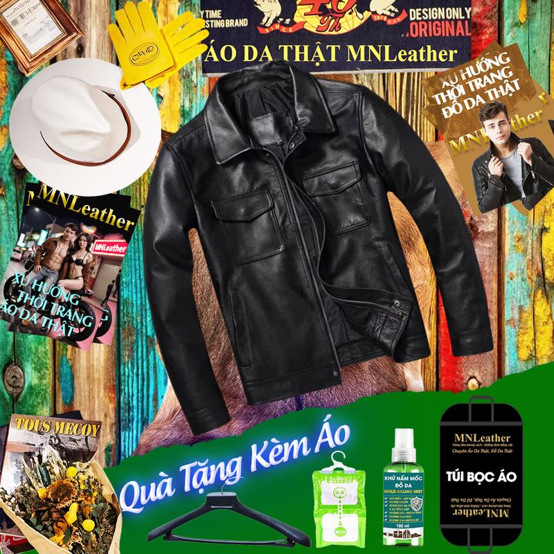 Áo Khoác Da Bò Thật Cổ Bẻ Màu Đen 2 Túi Hộp Ở Ngực Khóa Kéo Tay Cho Nam Đảng Cấp Và Sang Trọng Áo Da Thật Nam Minh Ngọc Leather áo da aodanam aodaxin áo biker aodabo áo da cá sấu Kem Menswear Jacket