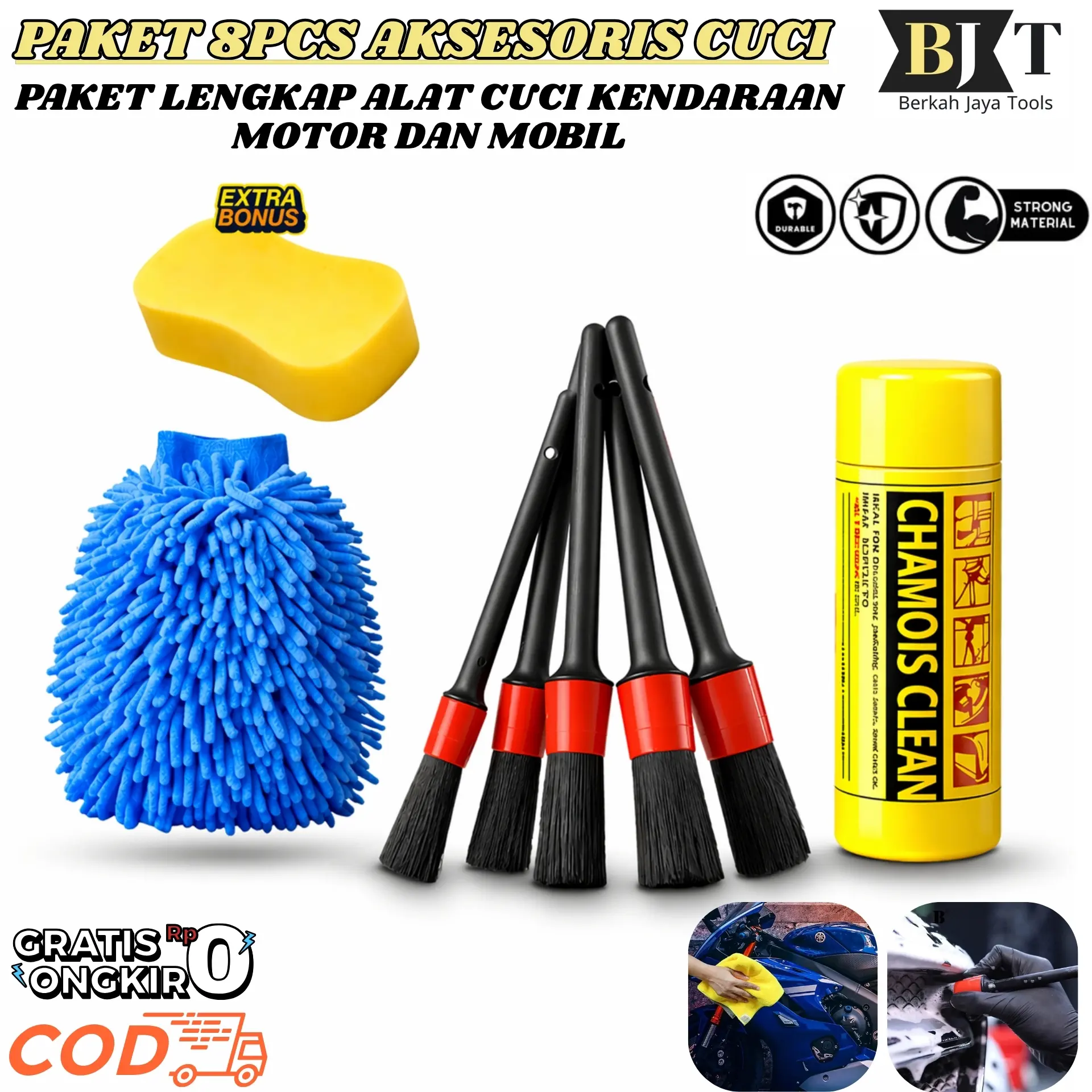 PAKET 8PCS MURAH Kuas Detailing 5 pcs & Kanebo & Spons Busa Cuci Kendaraan & Sarung Tangan Cendol premium