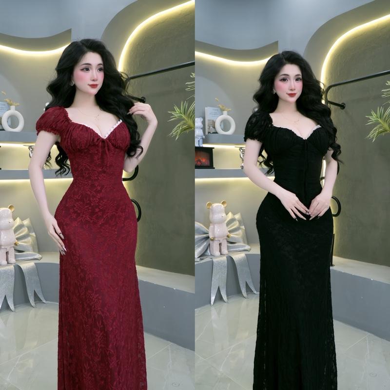 Có bigsize Đầm ren hoa form dài nhún v1 phối ren tay con sang trọng Kho Sỉ Hải Chuyền Đ503