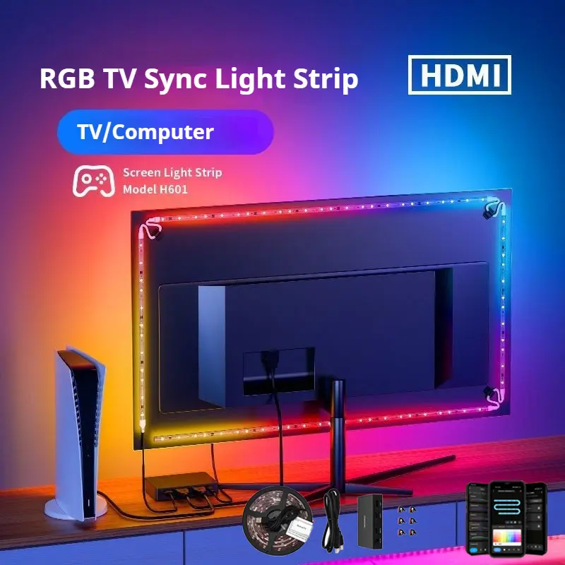 Immersion TV Backlight strip with HDMI 2.0 Sync Box , RGB-IC Smart Ambient TV Led Strip Backlight Kit For 4K HDMI 2.0 TV PC Device Sync Box