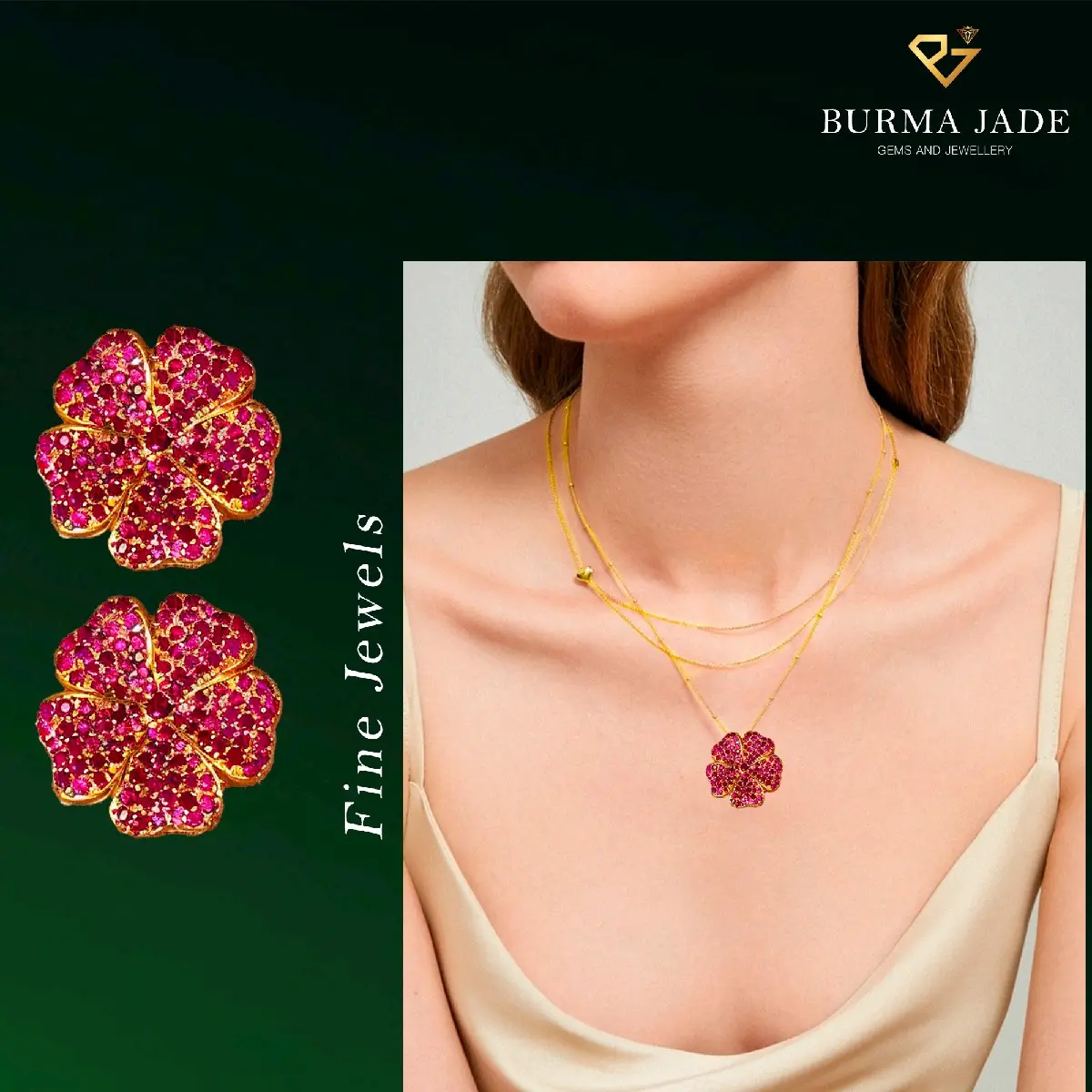 Gold Flower Pendant with Natural Ruby ( Mogkok Myanmar )