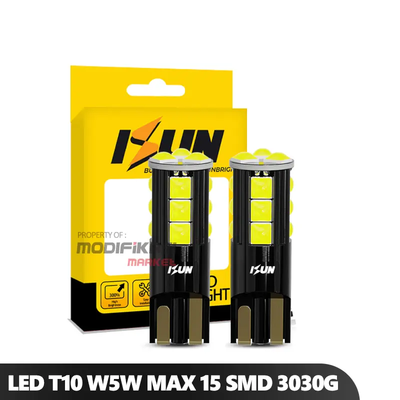 Lampu LED Motor Mobil ISUN T10 MAX W5W 15 SMD Silicone Alloy Lampu Sein Rem Brake Kota Senja DC12-24V