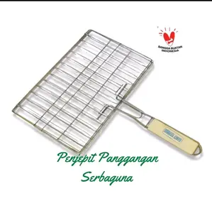 Panggangan Ikan Jumbo Jepit Stainless Jepitan Panggangan Gagang Kayu untuk BBQ dan Grill Serbaguna Kitchenware