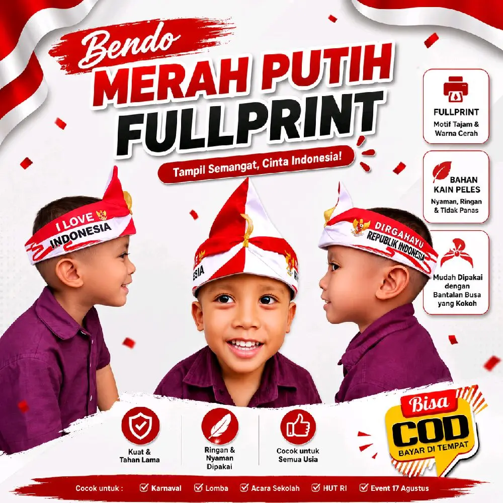 Bendo Merah Putih Fullprint - Bahan Kain Peles Nyaman Ringan Tidak Panas Cocok untuk Karnaval Lomba Acara Sekolah dan Event 17 Agustus