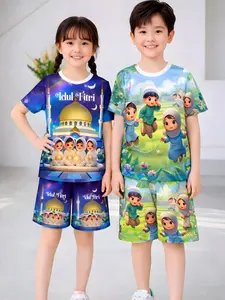Setelan Sublim baju setelan Unisex harian Anak Full Printing karakter gambar muslim 1-9tahun untuk laki-laki dan perempuan
