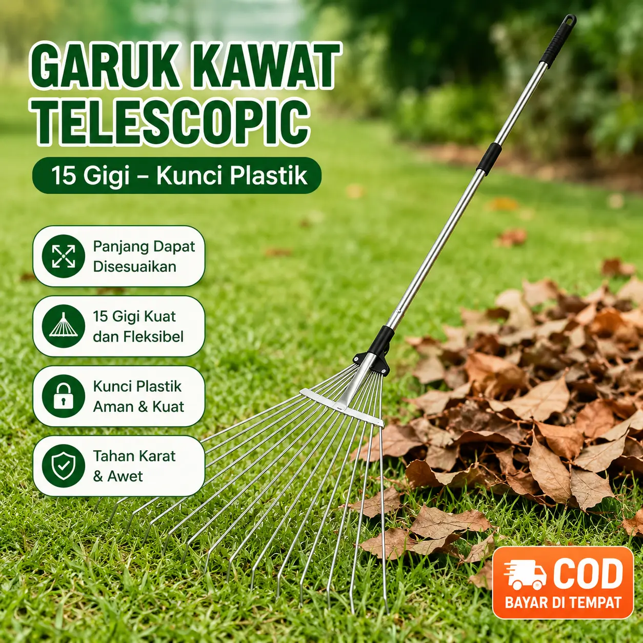 Garu Teleskopik 15 Gigi Garu Daun Taman Garu Pembersih Daun Garu Pegangan Teleskopik Garu Dapat Diperpanjang