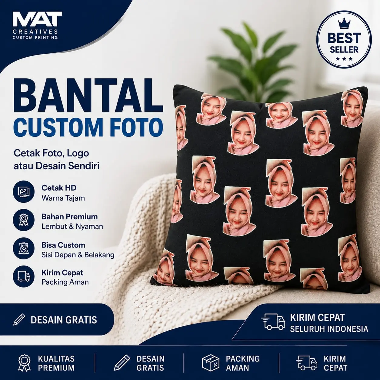 Bantal Custom Foto Face Pattren Ukuran 30x30 I Proses 1 Hari Jadi | Bantal Cetak Foto Kamu | Bantal Custom Foto | Cetak Foto Kamu di Bantal