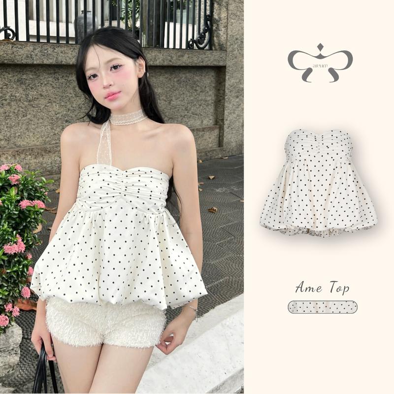 AREUM Áo Bí Cúp Ngực Ame Top Bo Chun KHÔNG MÚT NGỰC