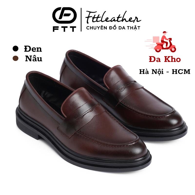 Giày lười nam penny loafer cao cấp giày da thật Fttleather công sở trơn màu nâu đen big size 44 45 đế cao độn đế ẩn tăng chiều cao Đế Bằng Shoes Cao Su
