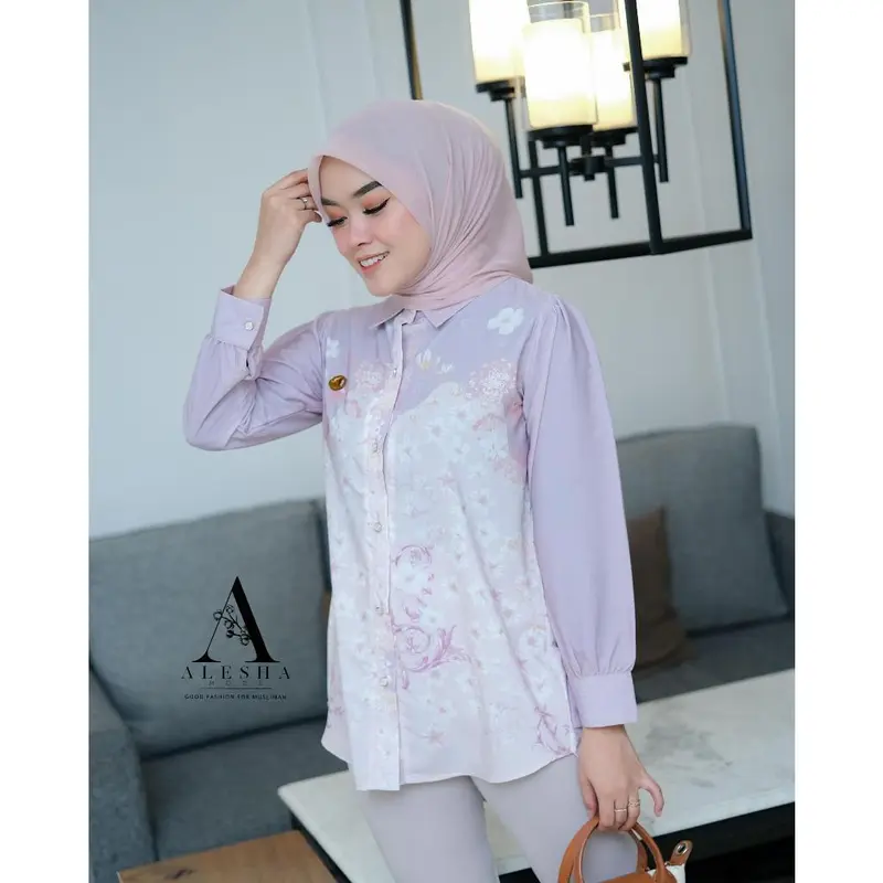 Blouse Tunik Silk Silky Premium Motif Etnik Monogram by Alesha Mode - RANISYA - Lembut, Muslim, Busui 5