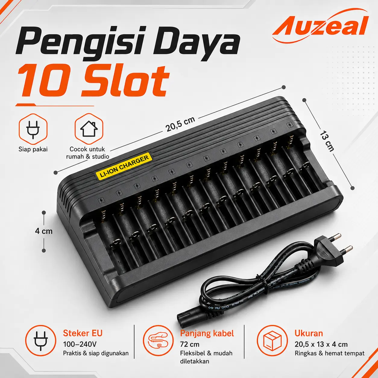 Auzeal Charger 10 Slot Independen Baterai Lithium Input Listrik AC Dinding Isi Sepuluh Baterai Bersamaan Cocok Pedagang Aksesoris Senter Mainan Selempang - Battery