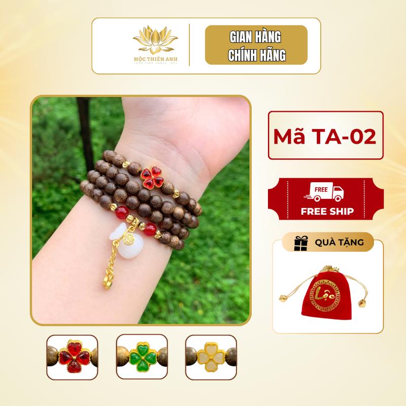 Vòng tay trầm 108 hạt mix cỏ 4 lá và túi Tặng Kèm Túi Gấm Phụ Kiện tram huong