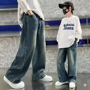 Celana Baggy Jeans Anak Gombrong Usia 3-15 Tahun Laki-laki Celana Panjang Skena Jeans Anak Retro Wide Leg Whisker Lebar Gombrong Skena Biru Retro Black Wisker