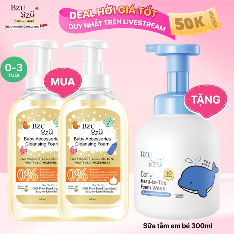 Combo 2 Chai Nước Rửa Bình Sữa Và Dụng Cụ Em Bé BZU BZU Tạo Bọt Không Mùi (Nguyên Bản) 4 Công Dụng 500Ml Cho Bé cọ  rửa
