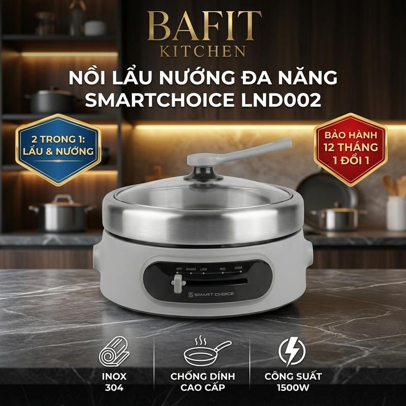 Nồi Lẩu Điện Đa Năng LND002 Bếp Nướng Điện 1500W Khay Lẩu Inox 304 Liền Khối Cho 4-6 Người