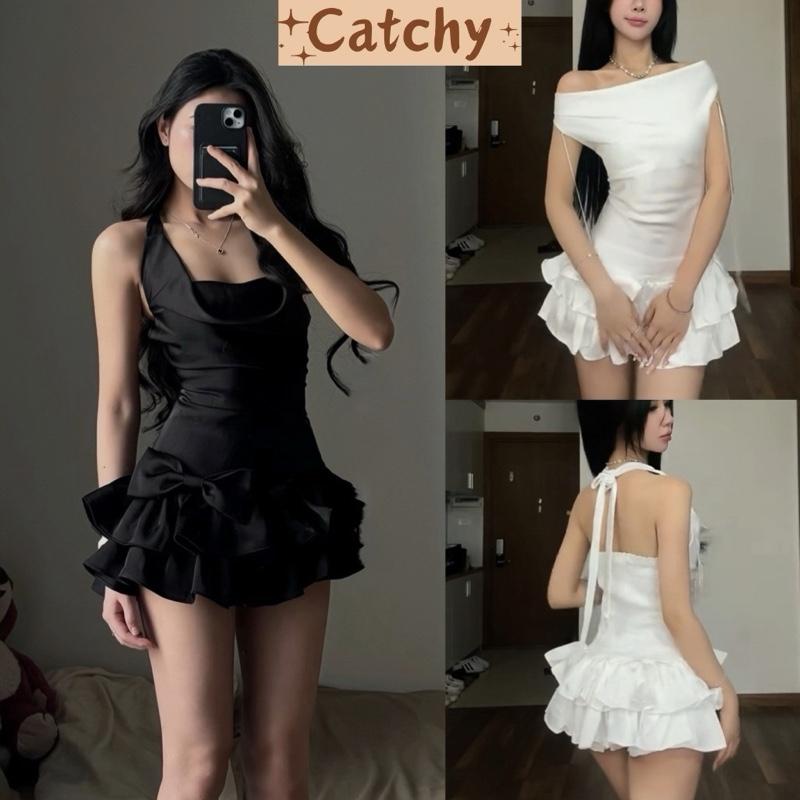 Đầm Lụa Nữ Thiết Kế Cổ Yếm Cột Nơ Dáng Ngắn Xoè Viền Lượn Sóng Tôn Dáng Sang Chảnh Kèm Quần Bí Phong Cách Hottrend Cho Đi Tiệc Sự Kiện Và Hẹn Hò CATCHYstore Dress Women prom