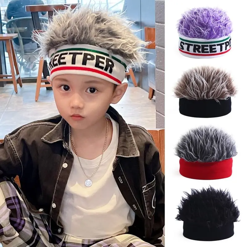 Mũ Tóc Giả Trẻ Em, Thời Trang, Vui Nhộn, Mũ Len Co Giãn Dệt Kim, Phong Cách Cá Tính, Tóc Ngầu Tích Hợp, Thích Hợp Cho Trẻ Em 1
