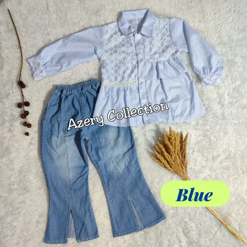 Setelan Anak Perempuan 4-12 Tahun, Baju Kemeja Salur dan Celana Jeans Cutbray - Fashion 3