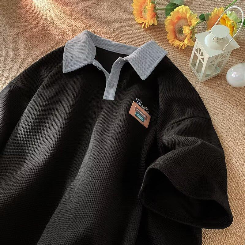Áo Polo Có Ve Áo Tương Phản, Màu Đỏ Đậm, Nặng 230G, Áo Thun ngắn Tay Dáng Rộng Vải Bánh Quế, Tay Lửng Thích Hợp Cho Nam Và Nữ, Lý Tưởng Cho Mùa Hè Menswear 3