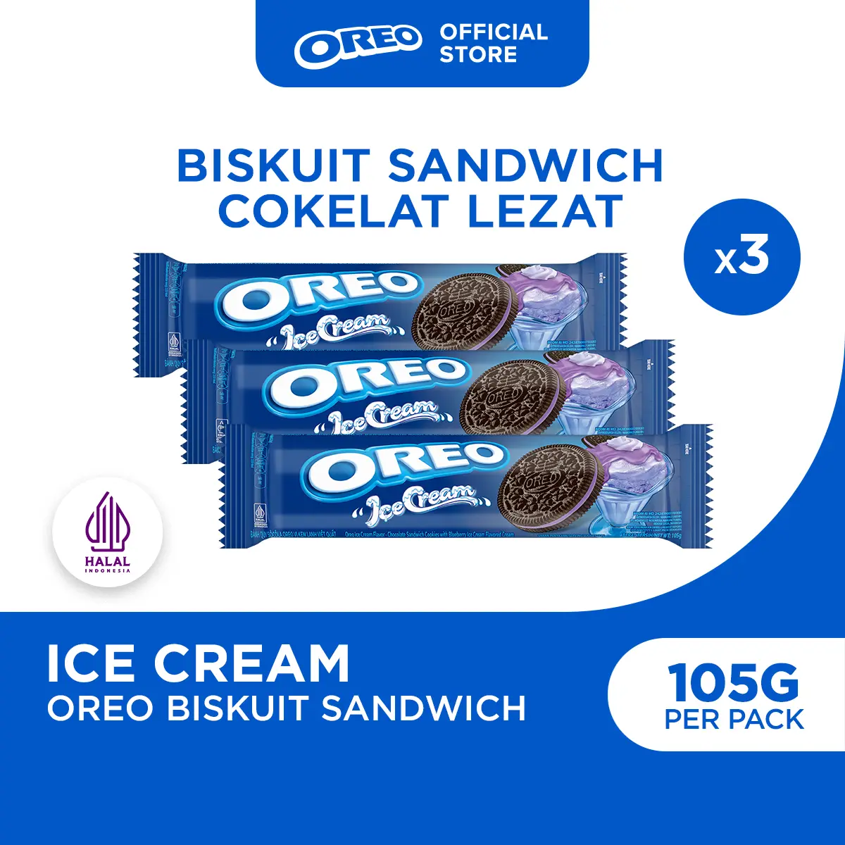 Oreo Ice Cream 105g (Paket isi 3), Biskuit Sandwich Cokelat dengan Krim Rasa Es Krim Blueberry