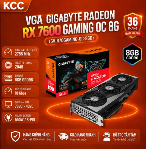 VGA GIGABYTE Radeon RX 7600 GAMING OC 8G (GV-R76GAMING-OC-8GD) chính hãng bảo hành 3 năm