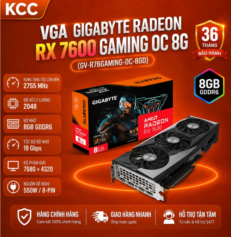 VGA GIGABYTE Radeon RX 7600 GAMING OC 8G (GV-R76GAMING-OC-8GD) chính hãng bảo hành 3 năm