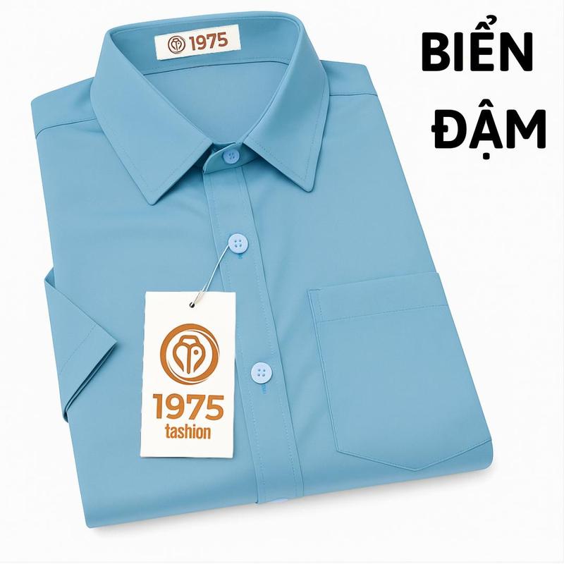  Áo sơ mi nam TRƠN thương hiệu 1975 tay ngắn trung niên  có túi loại áo sơ mi tặng cha có size lớn 105kg vải lụa co giãn mềm mịn không nhăn form rộng suông xẻ tà classic menswear  shirt 