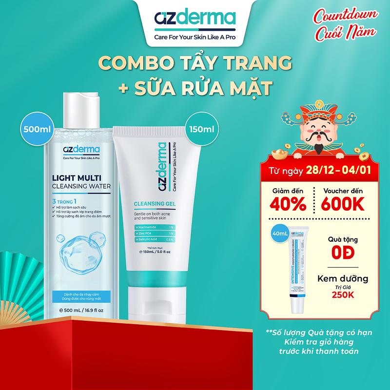 Độc Quyền Live Bộ đôi Double Cleansing - Hỗ trợ sạch sâu dịu nhẹ cùng nước tẩy trang Azderma Light Multi Cleansing Water 500mL và gel rửa mặt Azderma Cleansing Gel 150mL Tặng Kèm Kem Dưỡng 40ml .