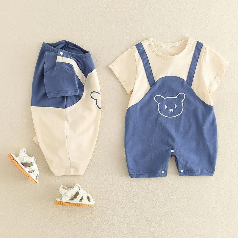 Newborn Infant Romper Onesie Baby Summer Korean Fashion Cute Bear Prints Cotton Short Sleeves Jumpsuit 0 2 Years Toddle Boys Girls Thin Jumper Clothes