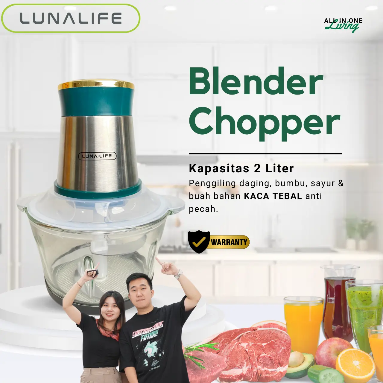 [CECEKETARKETIR EXCLUSIVE] LUNALIFE Blender Chopper Kaca 2L FP02B Penggiling Daging Multifungsi 250Watt (PO 2hr)