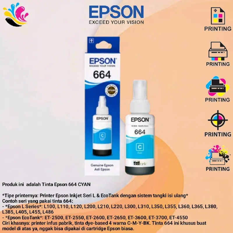Tinta EPSON 664 Original C M Y K For Printer L100 L110 L200 L210 L300 ...