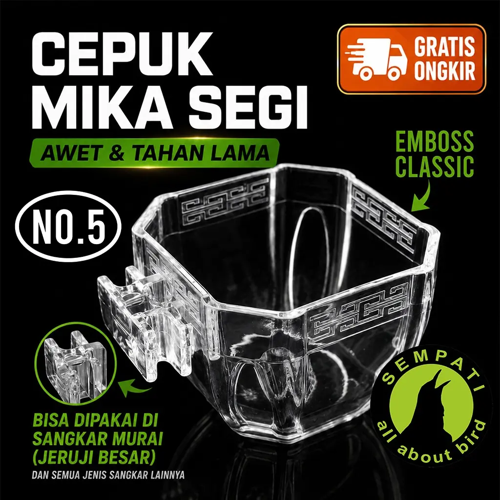 SEMPATI Cepuk Burung Mika Bening No 5 Segi 8 Emboss Premium Cangkir Wadah Tempat Pakan Minum Burung Lovebird Murai Batu Kenari Pleci Kacer dll