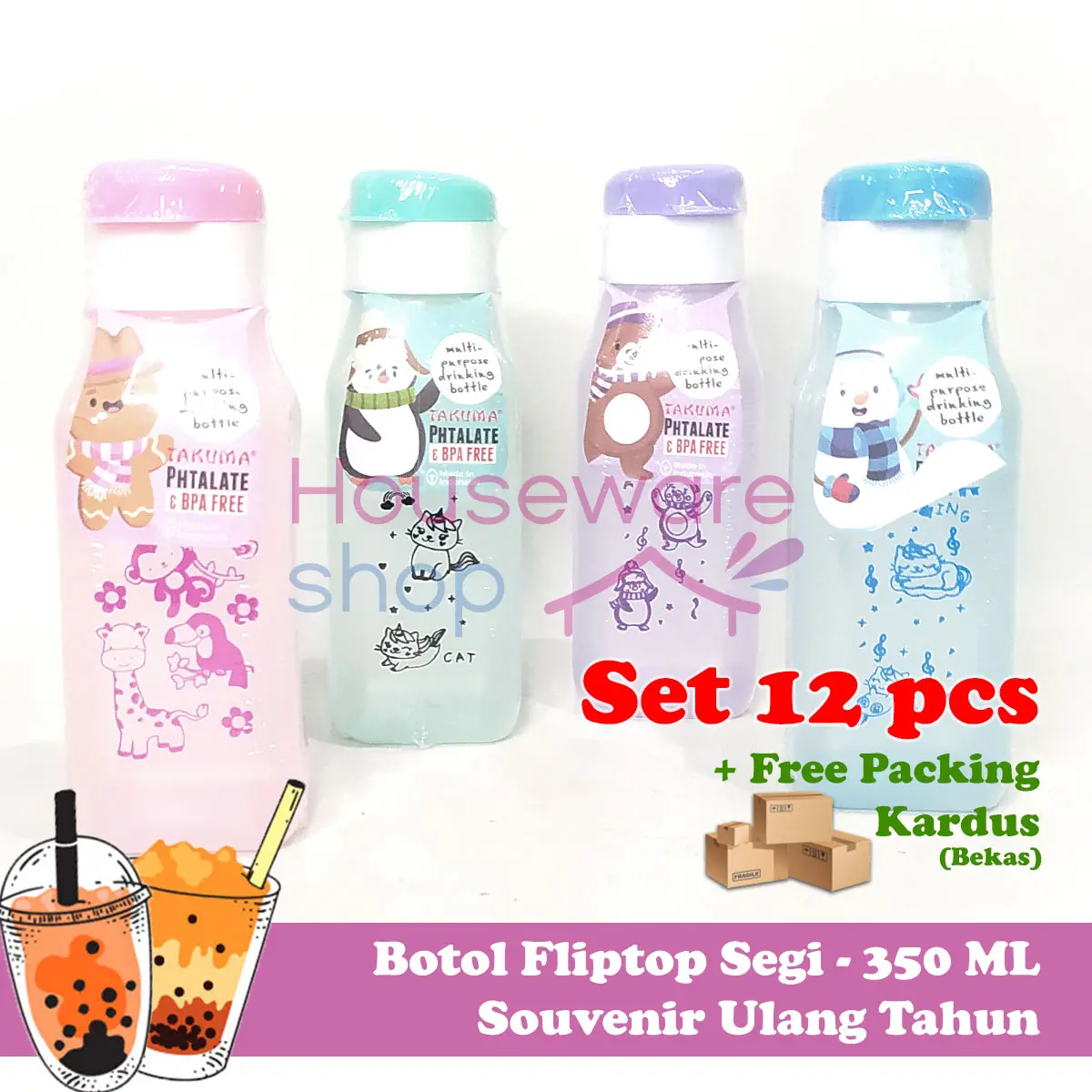[LUSIN] Botol Minum Flip Top Anak Segi Murah - Food Grade 350 ML Souvenir Ulang Tahun Murah