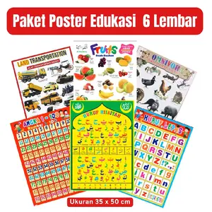 Paket 6 Lembar Poster Edukasi Anak Ukuran Besar 35x50cm - Huruf Hijaiyah Angka Satwa Buah Transportasi
